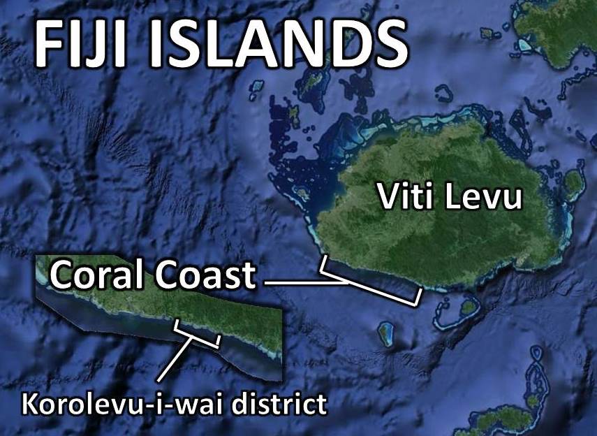 Location of Korolevu-i-wai district on the island of Viti Levu, the largest of 300+ islands in Fiji. Photo © Reef Explorer Fiji Ltd./Map from Google