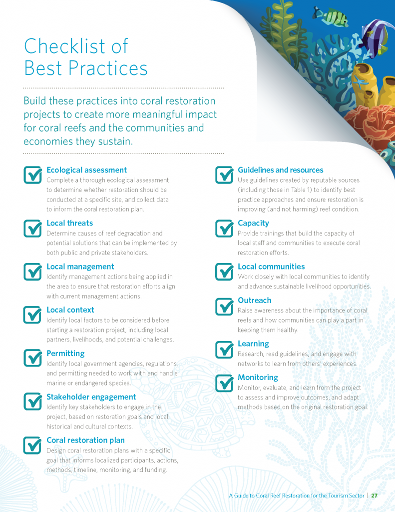 Checklist of best practices coral restoration guide for the tourism sector