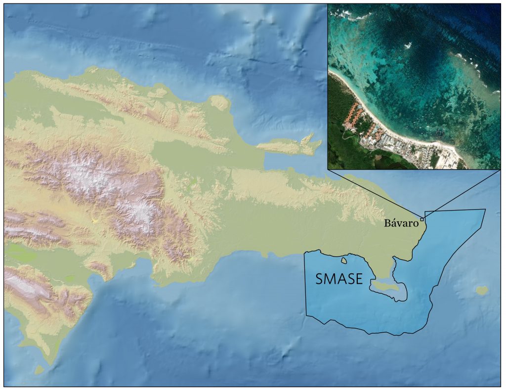 Lokasyon ng mga site, kasama na ang timog-silangan mga reef ng Dominican Republic, na sumasaklaw sa Timog-silangang Dulang Sanctuary (SMASE) at Bávaro.