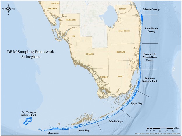The survey region spans from Martin County, Florida at the northern extent of the reef tract to the Dry Tortugas.