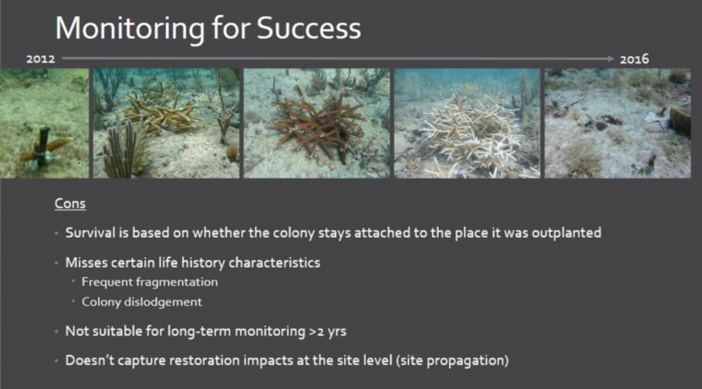 Mga limitasyon sa pagbantay sa kolonya alang sa mga lugar sa pagpaayo sa coral reef. Credit: Elizabeth Goergen, Nova Southeastern University. Slide gikan sa 2017 Coral Reef Task Force Meeting.