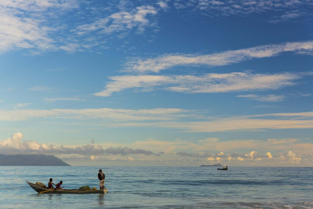 Mackrel fishermen fish along the shore with small boats and siene nets, trapping fish against the beach and hauling the catch up onto the sand. Nearshore artisianal and semi industrial fishing is an important part of Seychelles's culture and economy.