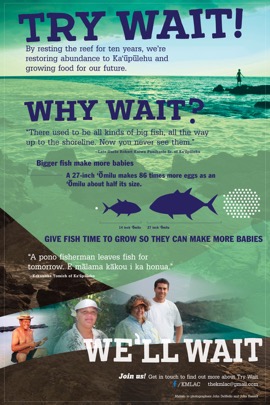 Poster yang dibuat oleh Komite Penasihat Kehidupan Laut Kaʻūpūlehu untuk membangun dukungan bagi cadangan laut selama sepuluh tahun. Contoh pesan positif pribadi.
