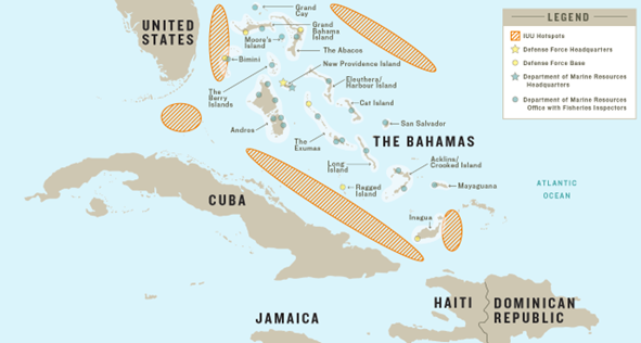 Map of Illegal Fishing Hotspots in the Bahamas EEZ and Enforcement Infrastructure (Source: The Bahamas Marine Protection System Blueprint)