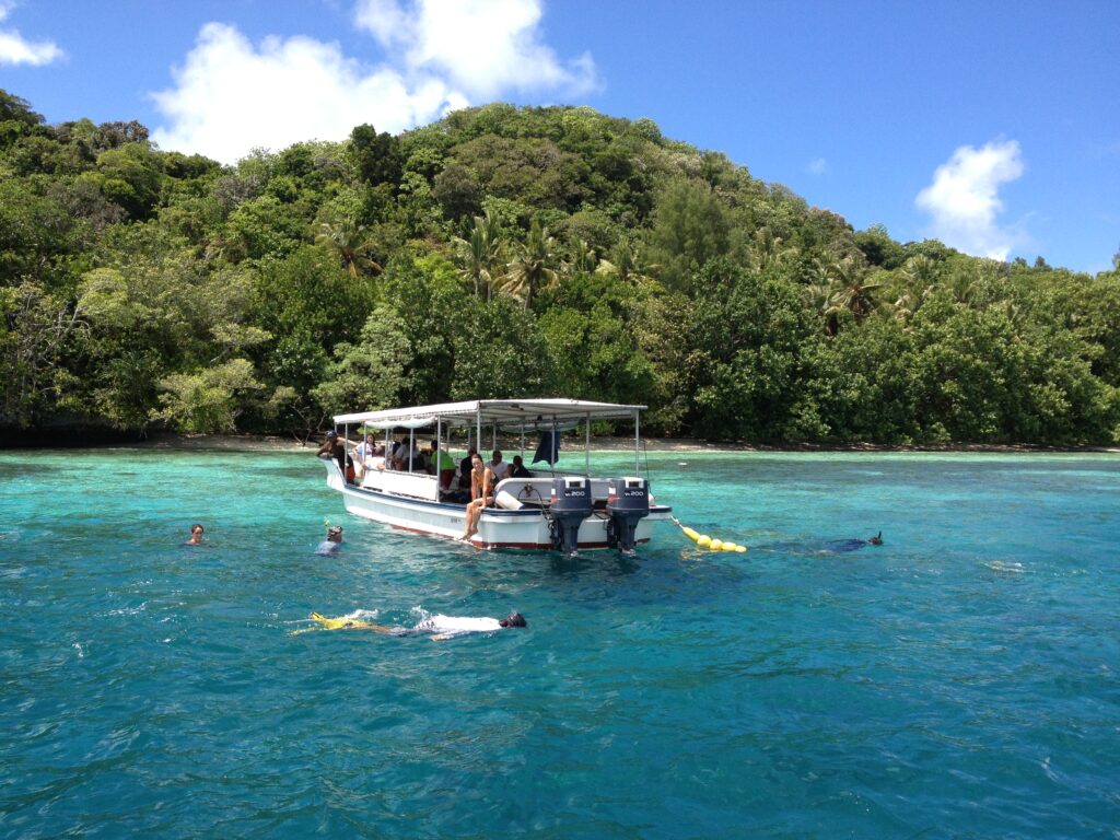 Tourists snorkeling in Palau. 