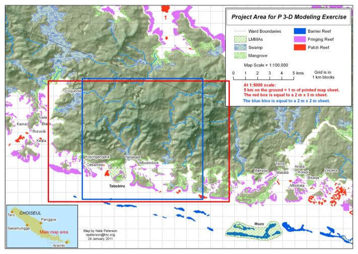 The Project Area Map for the model at 1:5000 scale covering 198 km2 in Choiseul Province, Solomon Islands. Photo © TNC.