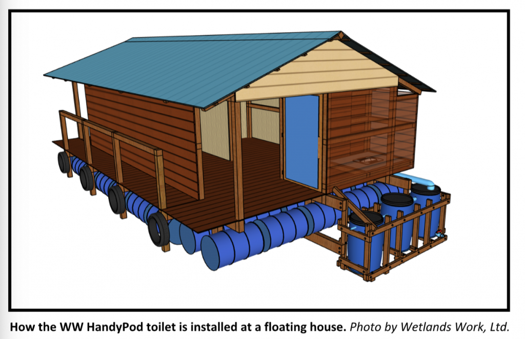 Gambaran grafik reka bentuk HandyPod untuk kampung terapung. Foto © Wetlands Work