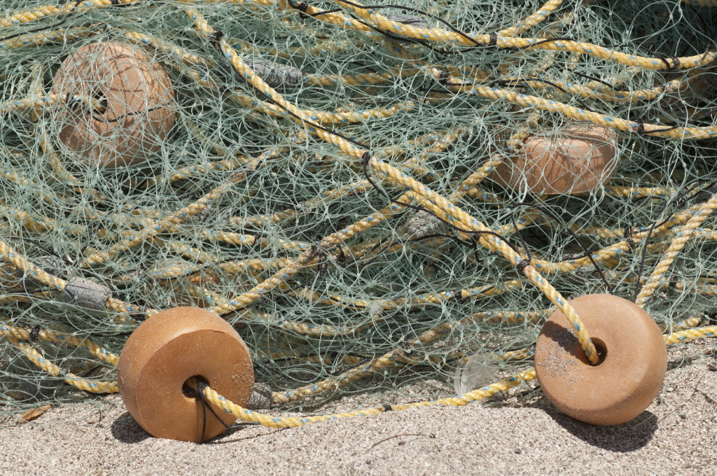 Fishing net with floats lays on the beach at a small indigenous fishing camp on the shore of Isla Espiritu Santo in Mexico's Sea of Cortez. Photo credit: Mark Godfrey 